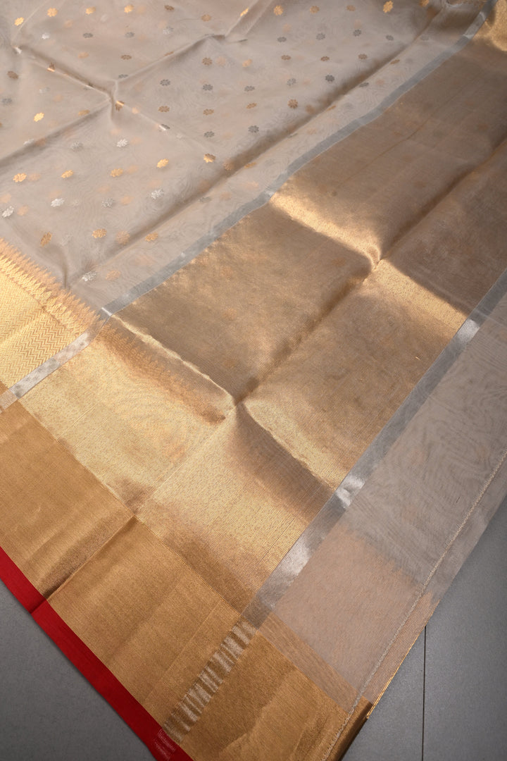 Taupe  Chanderi Silk Saree with Sona Rupa Zari Buttas and Panel Design on Tissue Zari Border | SHOBITAM