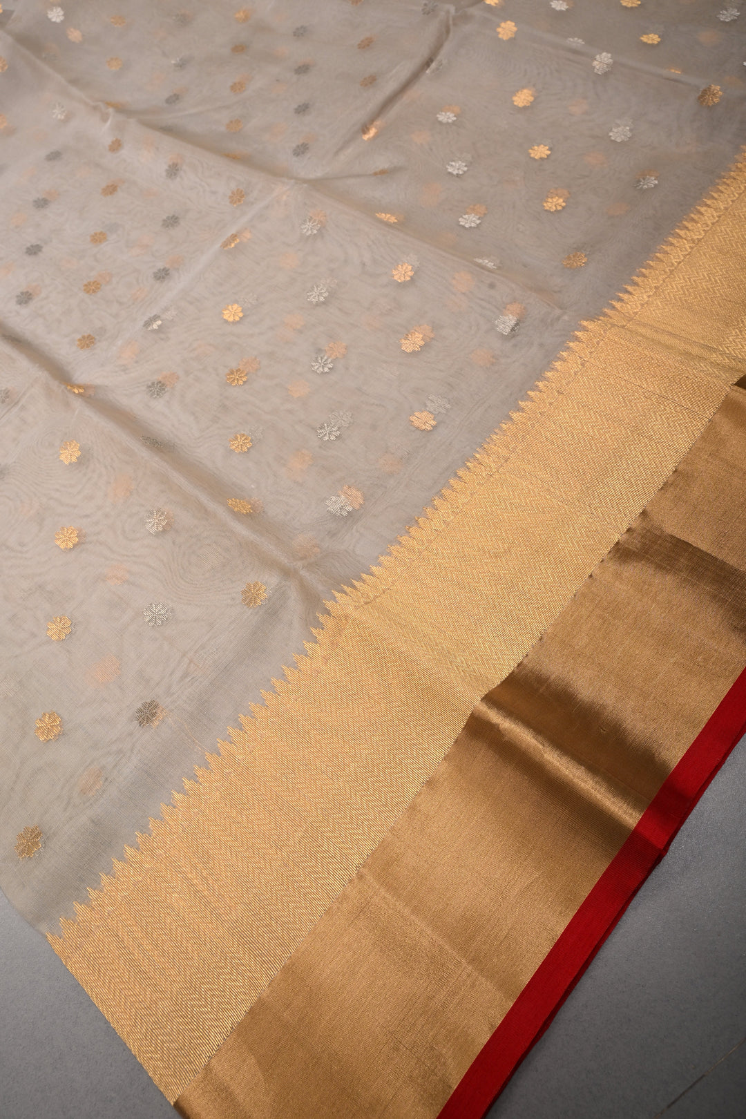 Taupe  Chanderi Silk Saree with Sona Rupa Zari Buttas and Panel Design on Tissue Zari Border | SHOBITAM