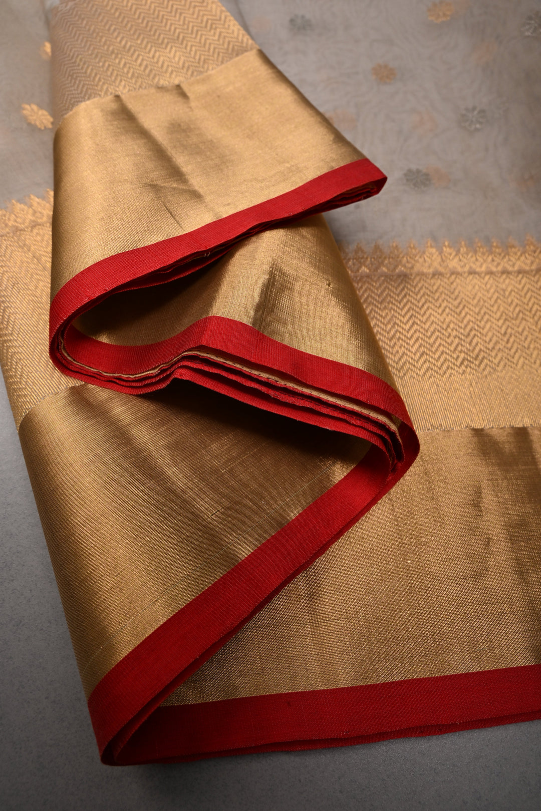 Taupe  Chanderi Silk Saree with Sona Rupa Zari Buttas and Panel Design on Tissue Zari Border | SHOBITAM