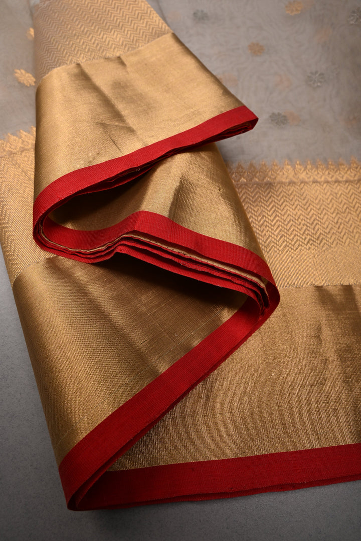 Taupe  Chanderi Silk Saree with Sona Rupa Zari Buttas and Panel Design on Tissue Zari Border | SHOBITAM