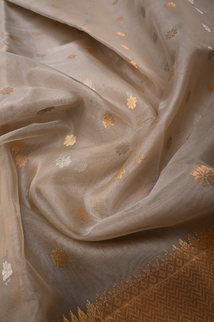 Taupe  Chanderi Silk Saree with Sona Rupa Zari Buttas and Panel Design on Tissue Zari Border | SHOBITAM