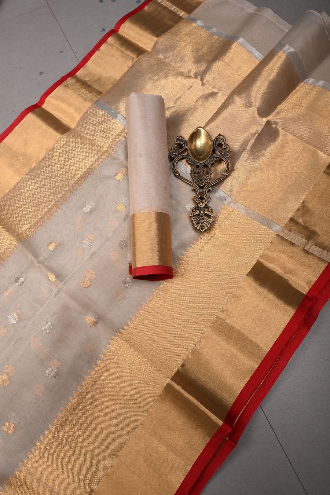 Taupe  Chanderi Silk Saree with Sona Rupa Zari Buttas and Panel Design on Tissue Zari Border | SHOBITAM
