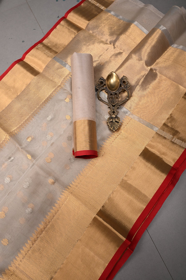 Taupe  Chanderi Silk Saree with Sona Rupa Zari Buttas and Panel Design on Tissue Zari Border | SHOBITAM