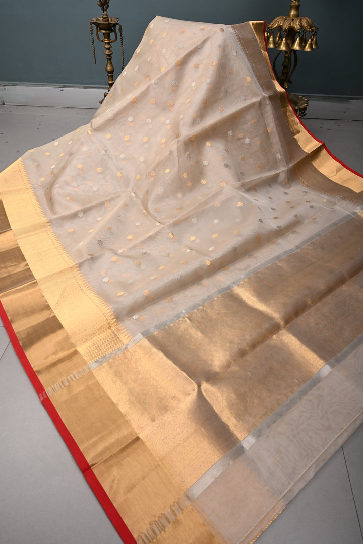 Taupe  Chanderi Silk Saree with Sona Rupa Zari Buttas and Panel Design on Tissue Zari Border | SHOBITAM