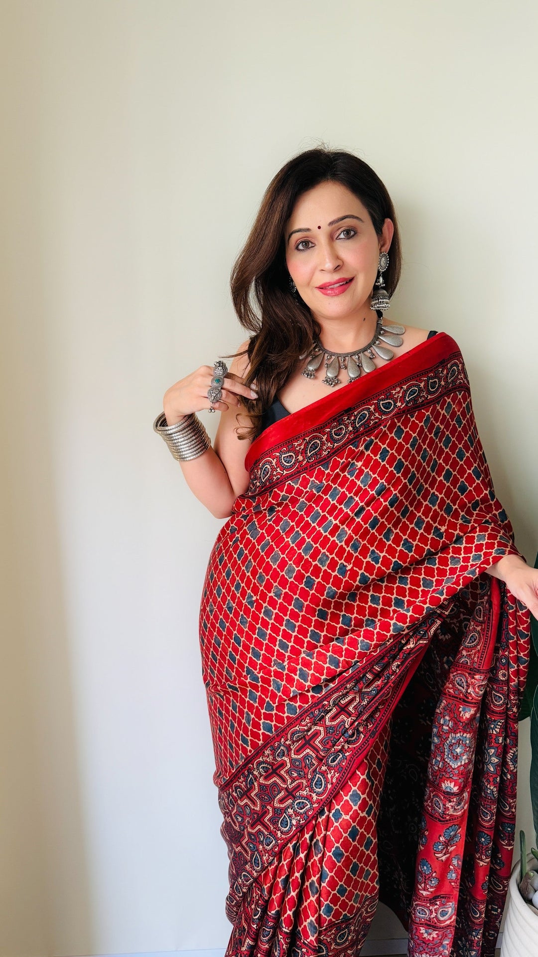 Brick Red Ajrakh Hand Block Print on Modal Silk Saree with Half and Half Design