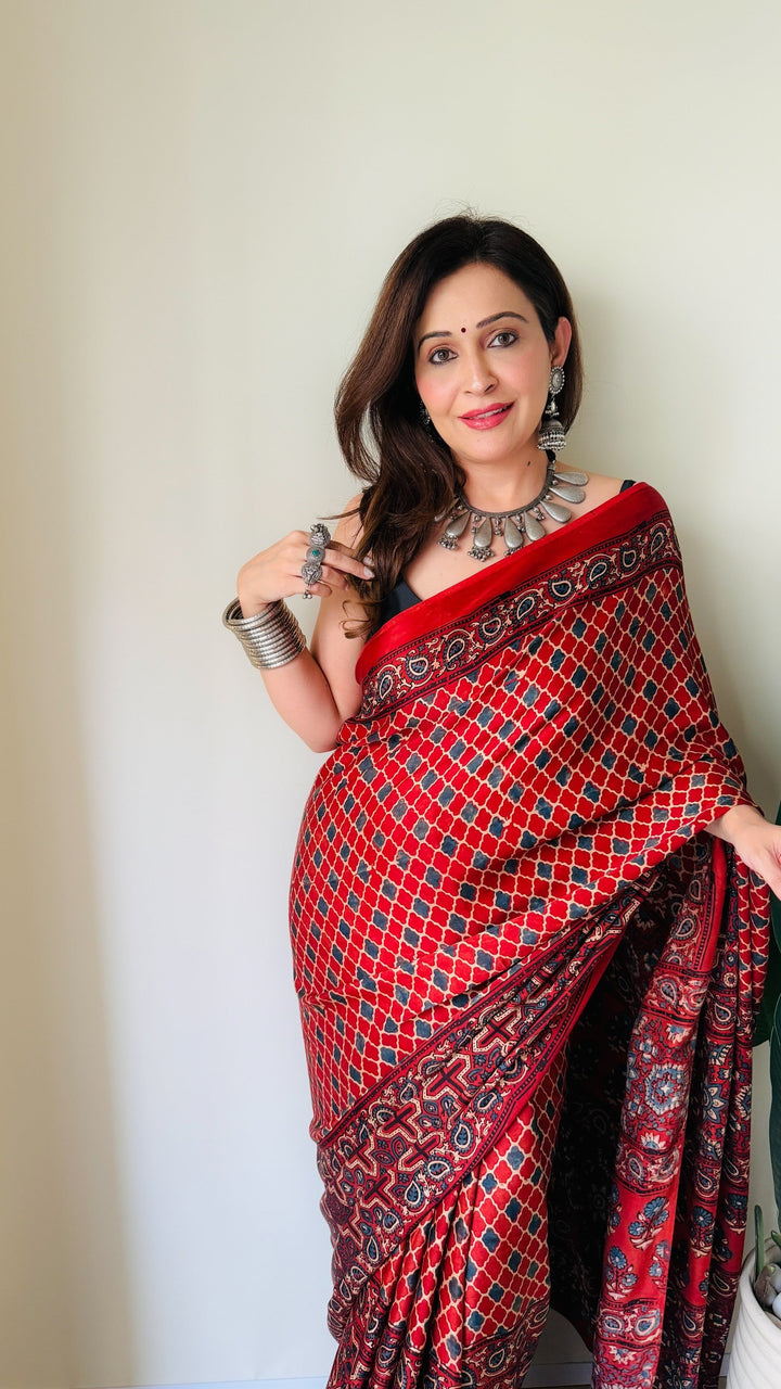 Brick Red Ajrakh Hand Block Print on Modal Silk Saree with Half and Half Design