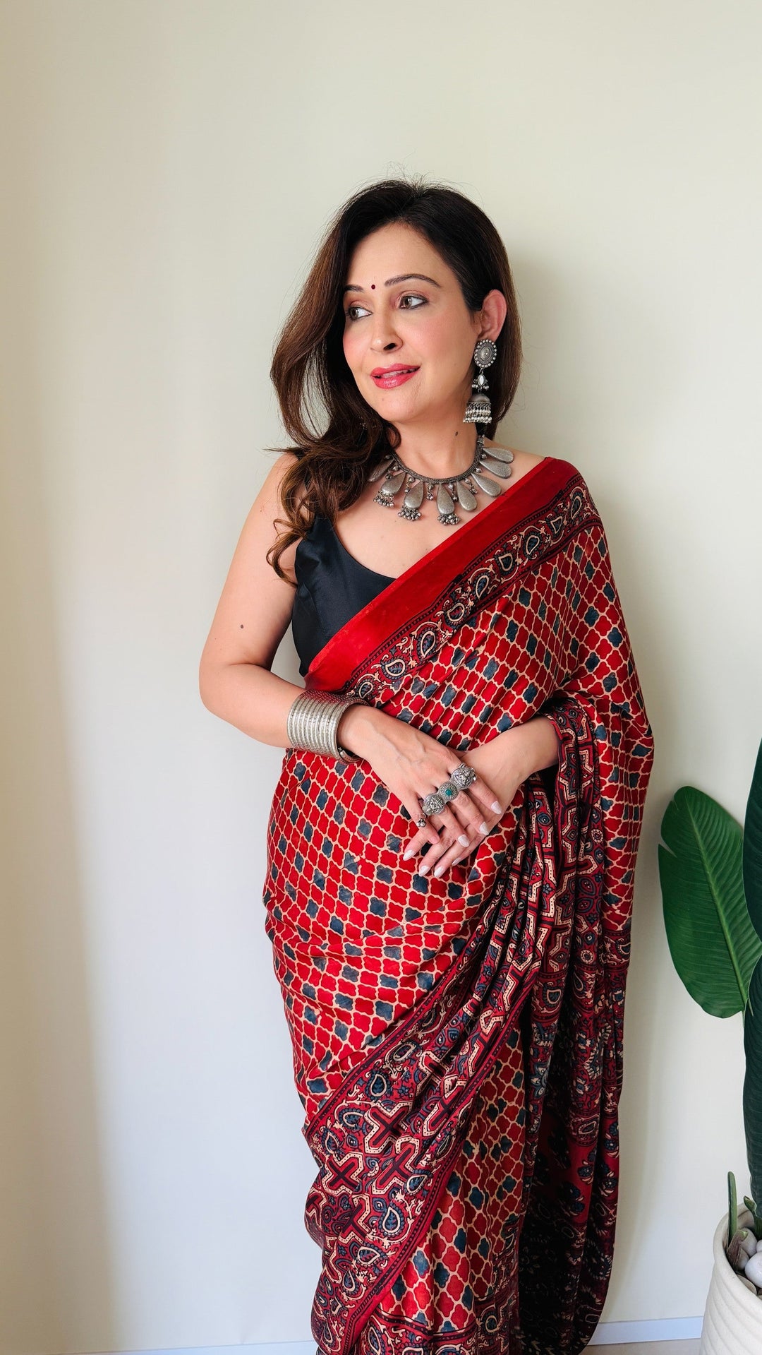 Brick Red Ajrakh Hand Block Print on Modal Silk Saree with Half and Half Design