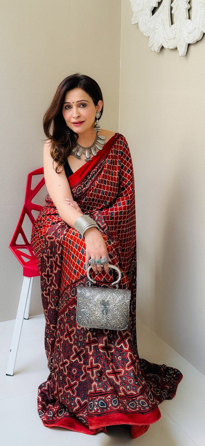 Brick Red Ajrakh Hand Block Print on Modal Silk Saree with Half and Half Design