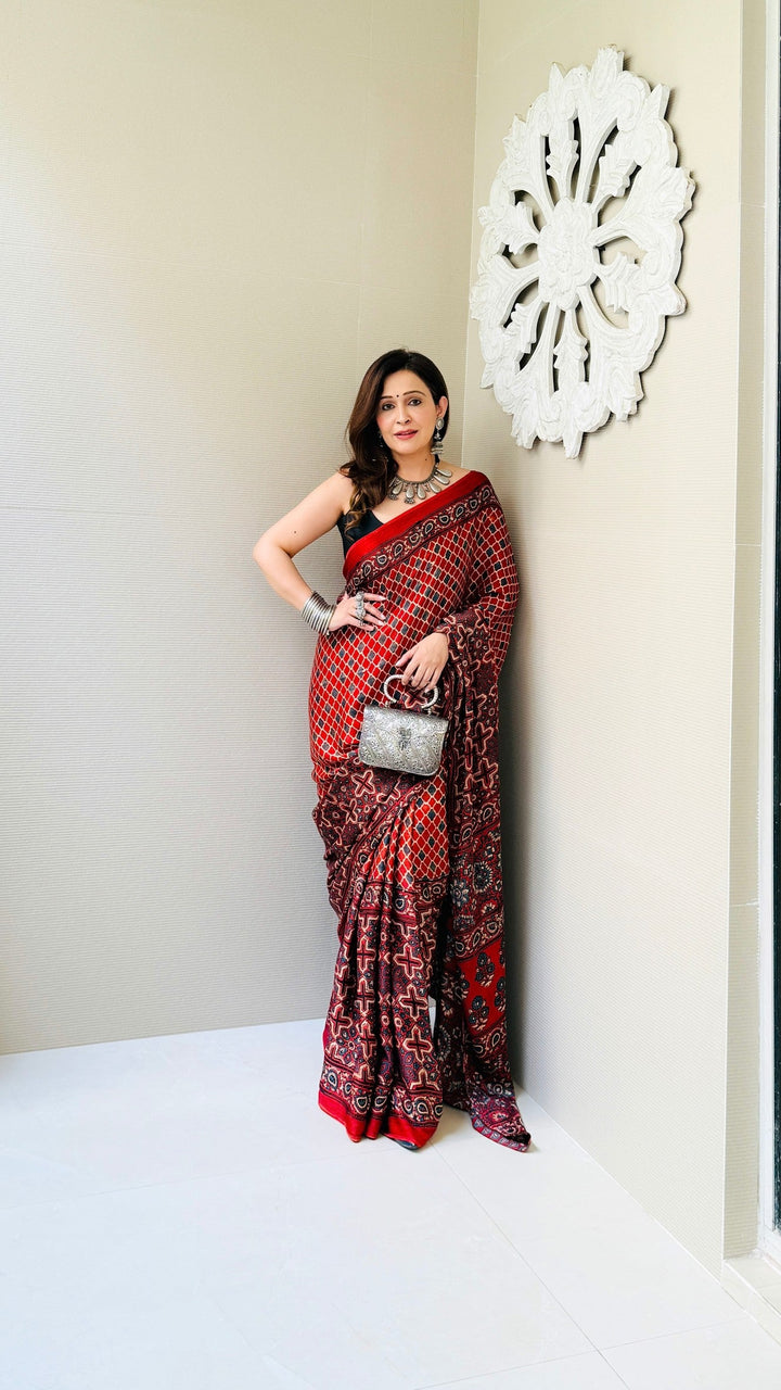 Brick Red Ajrakh Hand Block Print on Modal Silk Saree with Half and Half Design