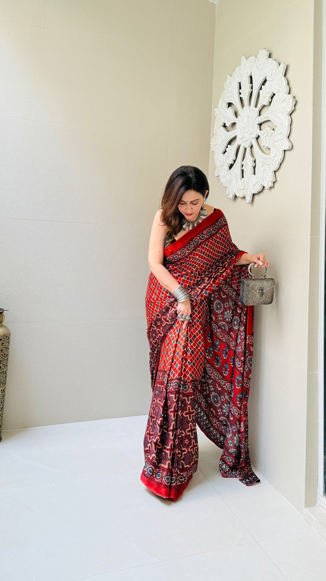 Brick Red Ajrakh Hand Block Print on Modal Silk Saree with Half and Half Design