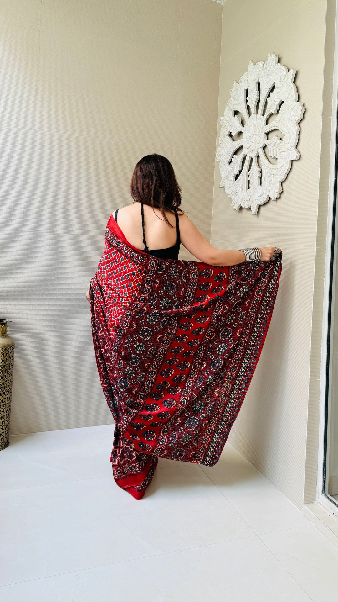 Brick Red Ajrakh Hand Block Print on Modal Silk Saree with Half and Half Design