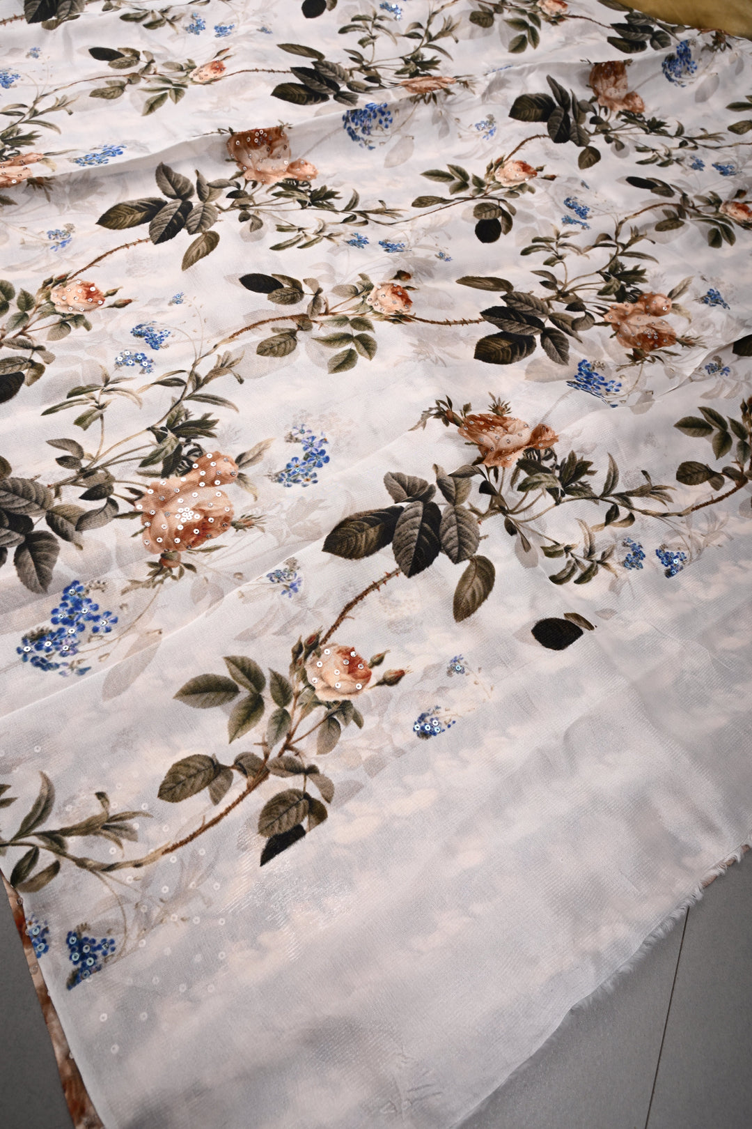 Ivory Glossy Chinon Saree with Floral Digital Print and Sequins work | SHOBITAM