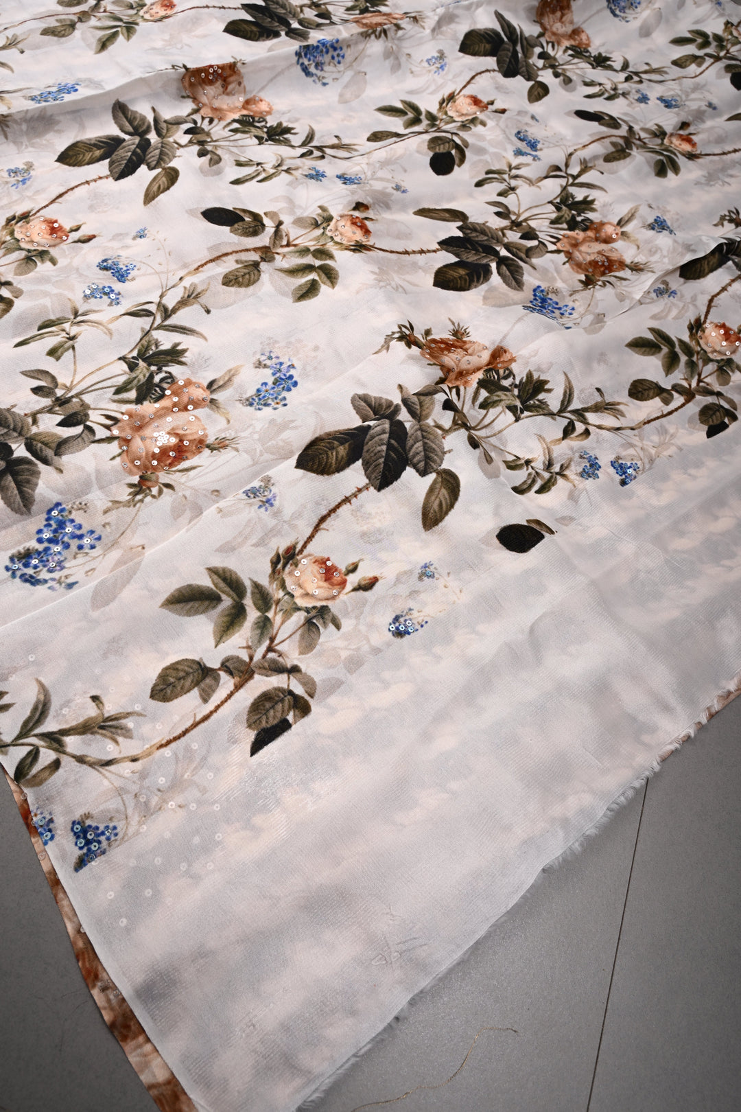 Ivory Glossy Chinon Saree with Floral Digital Print and Sequins work | SHOBITAM