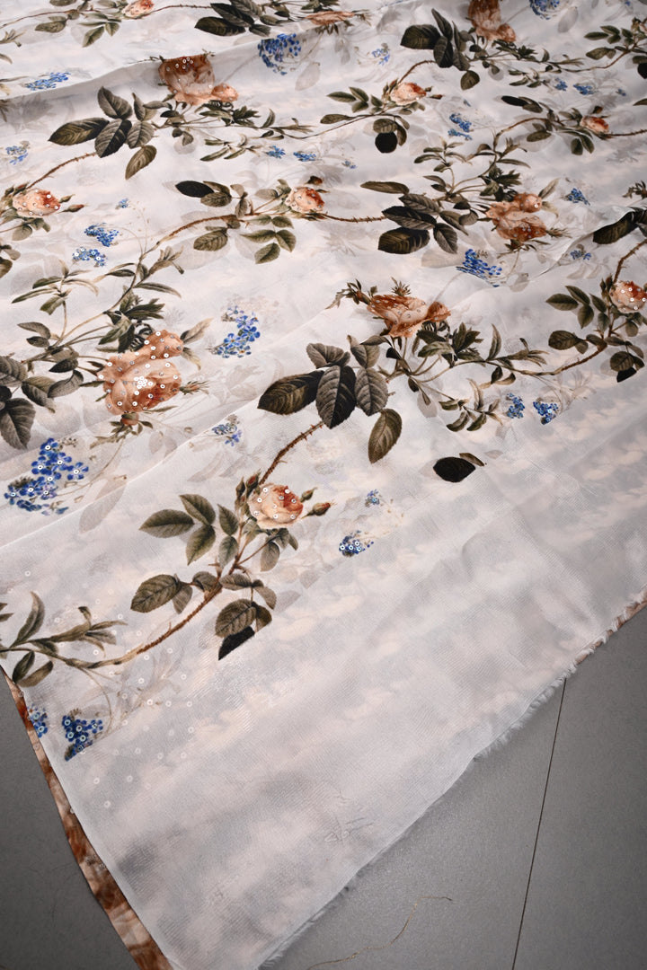 Ivory Glossy Chinon Saree with Floral Digital Print and Sequins work | SHOBITAM