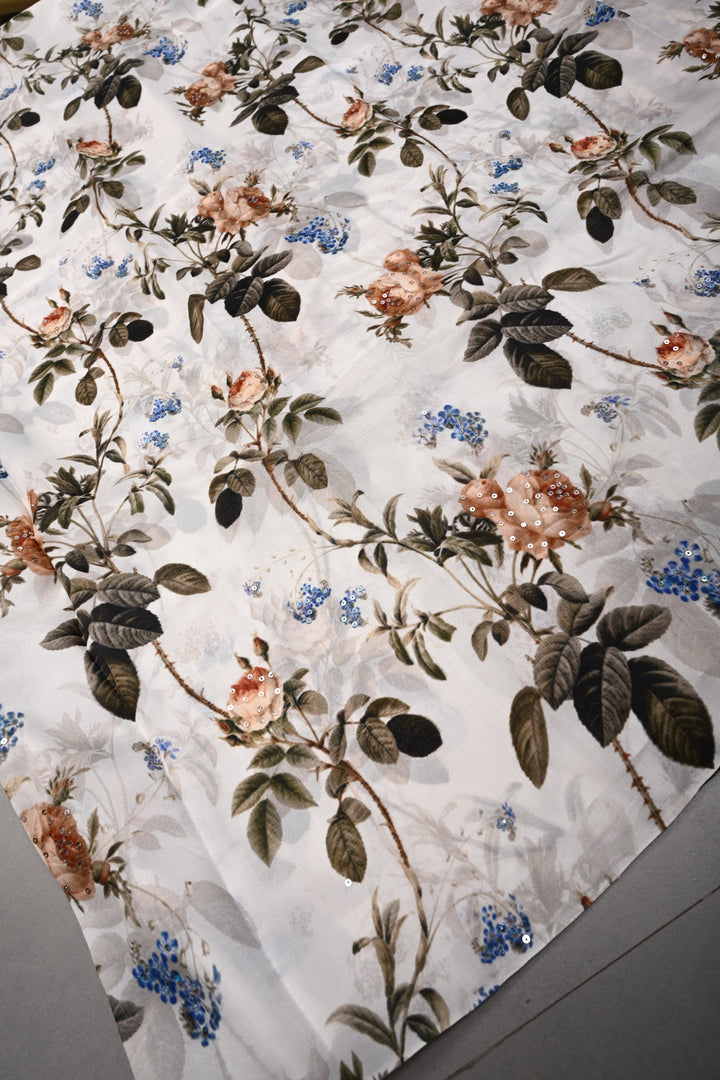Ivory Glossy Chinon Saree with Floral Digital Print and Sequins work | SHOBITAM