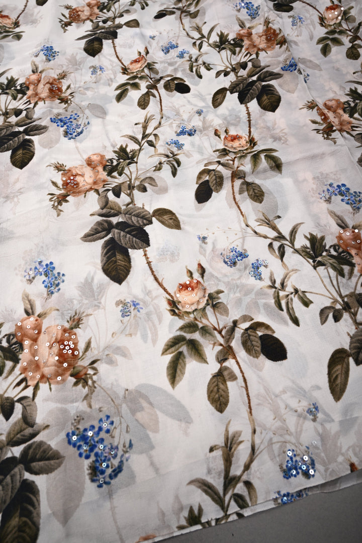 Ivory Glossy Chinon Saree with Floral Digital Print and Sequins work | SHOBITAM