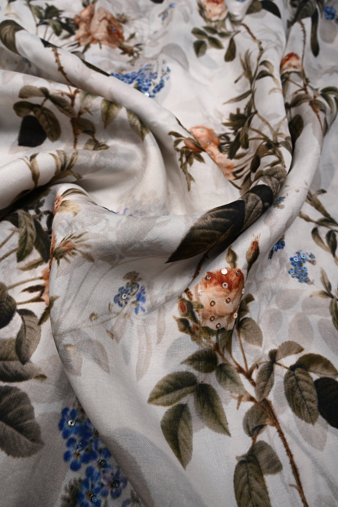 Ivory Glossy Chinon Saree with Floral Digital Print and Sequins work | SHOBITAM