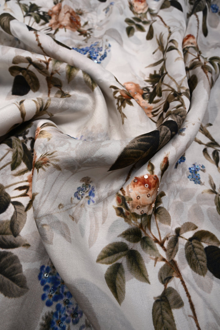 Ivory Glossy Chinon Saree with Floral Digital Print and Sequins work | SHOBITAM