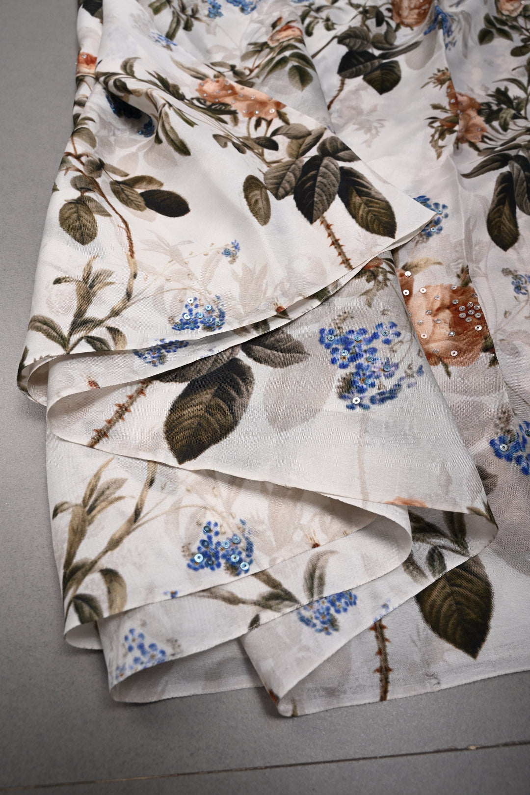 Ivory Glossy Chinon Saree with Floral Digital Print and Sequins work | SHOBITAM