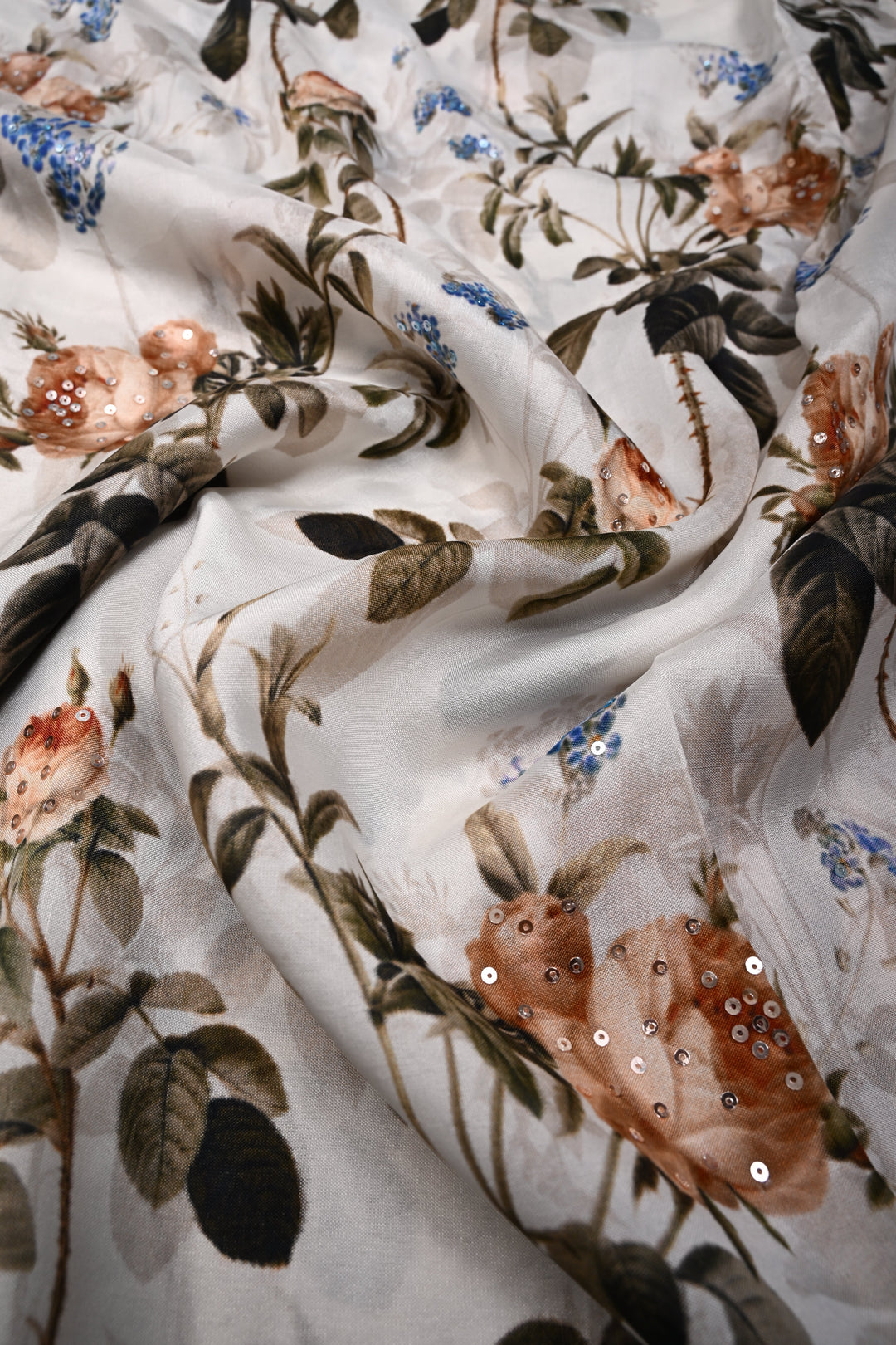 Ivory Glossy Chinon Saree with Floral Digital Print and Sequins work | SHOBITAM