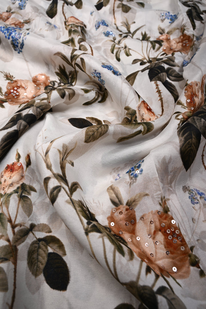Ivory Glossy Chinon Saree with Floral Digital Print and Sequins work | SHOBITAM