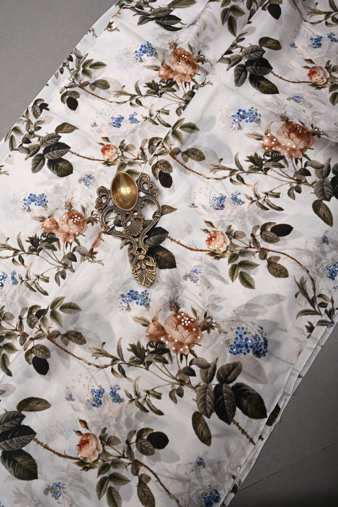 Ivory Glossy Chinon Saree with Floral Digital Print and Sequins work | SHOBITAM