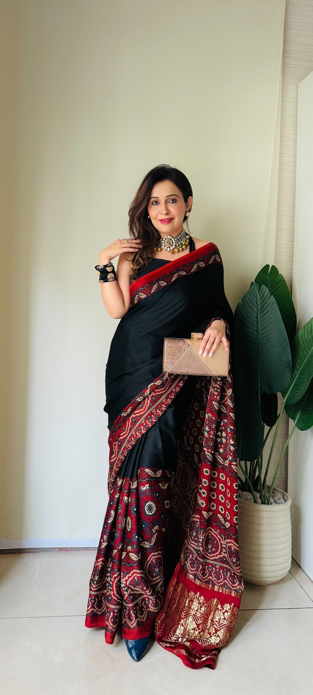 Black Modal Silk Saree with Ajrakh Hand Block Print on Wide Border and Crushed Pallu