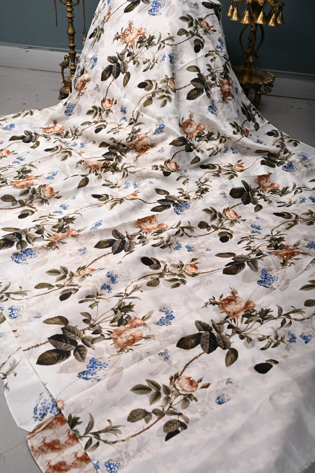 Ivory Glossy Chinon Saree with Floral Digital Print and Sequins work | SHOBITAM