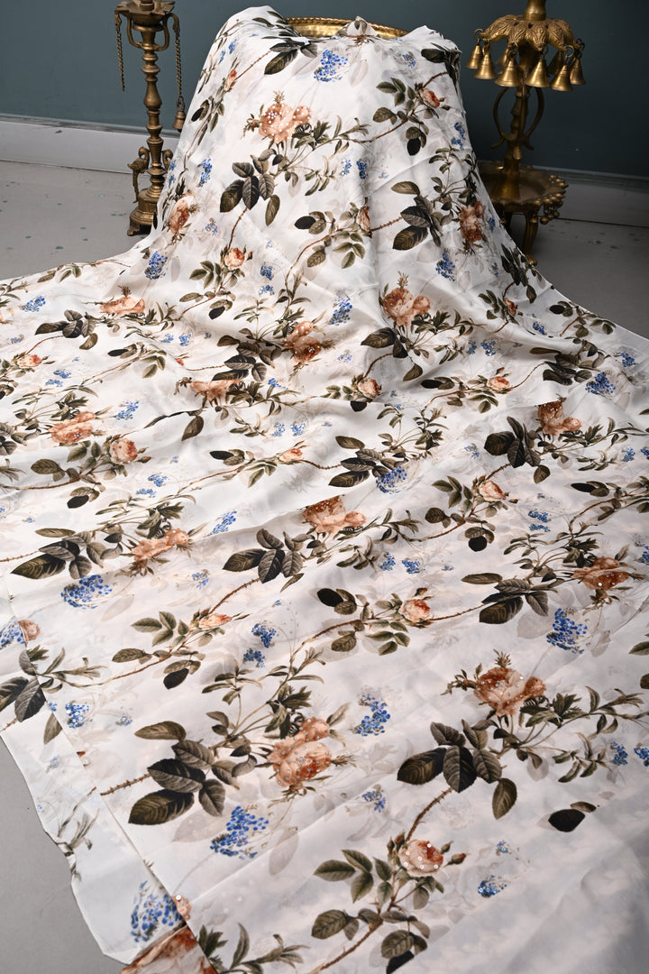 Ivory Glossy Chinon Saree with Floral Digital Print and Sequins work | SHOBITAM