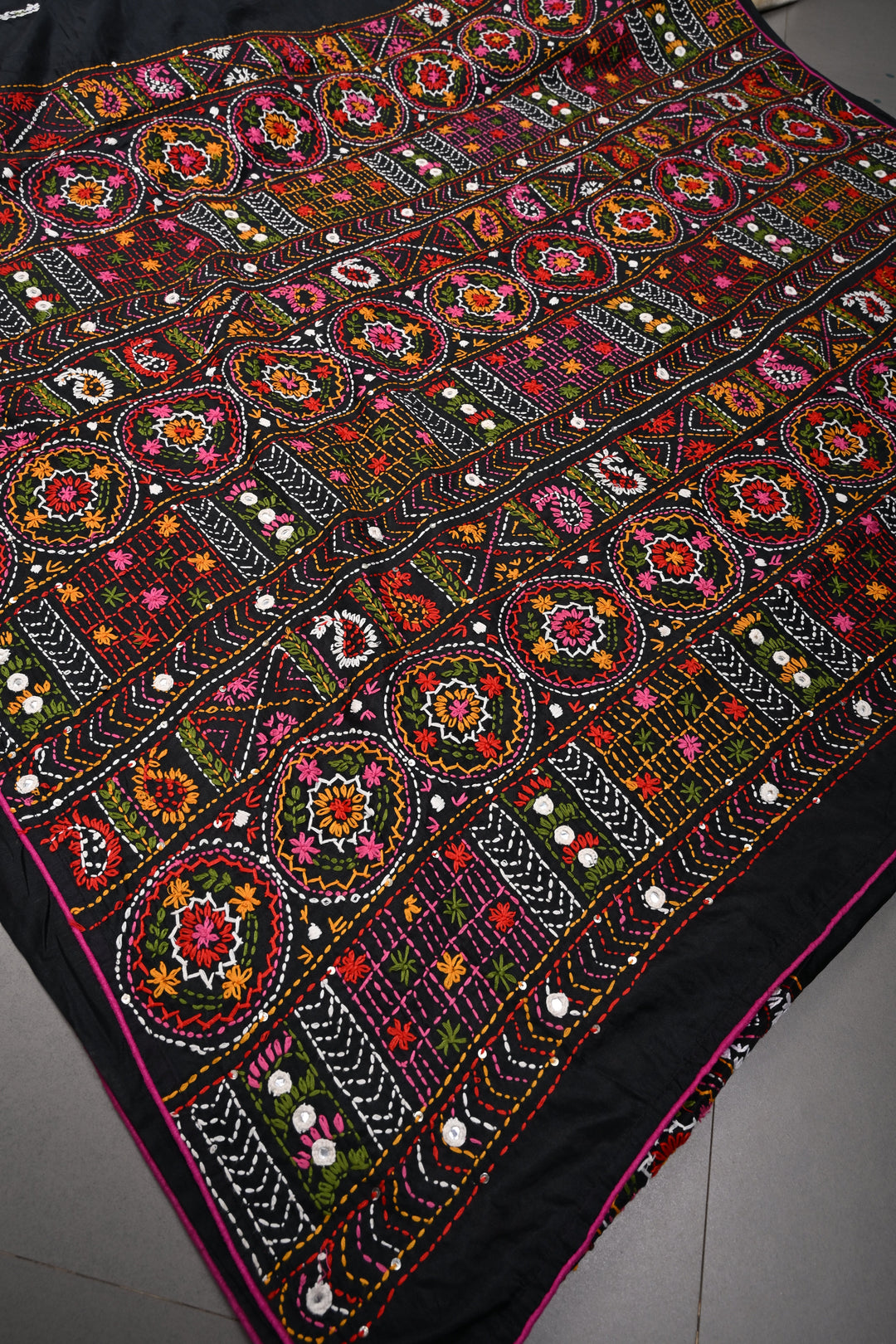 Black Art Silk Saree with Kantha Hand Embroidery Design and Disk Mirror Embellishments | SILK MARK CERTIFIED | SHOBITAM