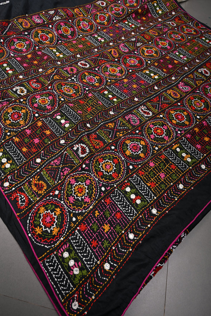 Black Art Silk Saree with Kantha Hand Embroidery Design and Disk Mirror Embellishments | SILK MARK CERTIFIED | SHOBITAM