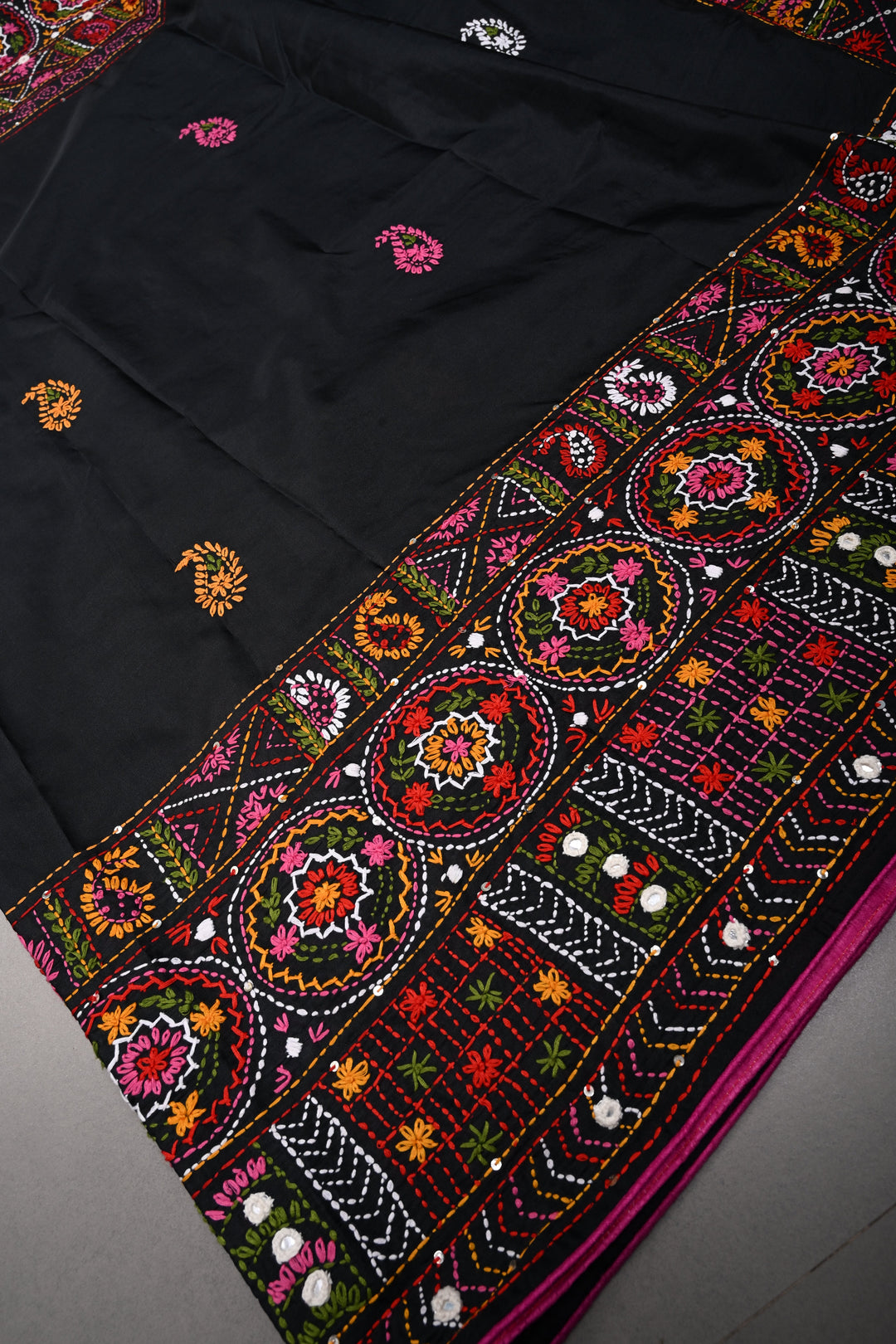 Black Art Silk Saree with Kantha Hand Embroidery Design and Disk Mirror Embellishments | SILK MARK CERTIFIED | SHOBITAM