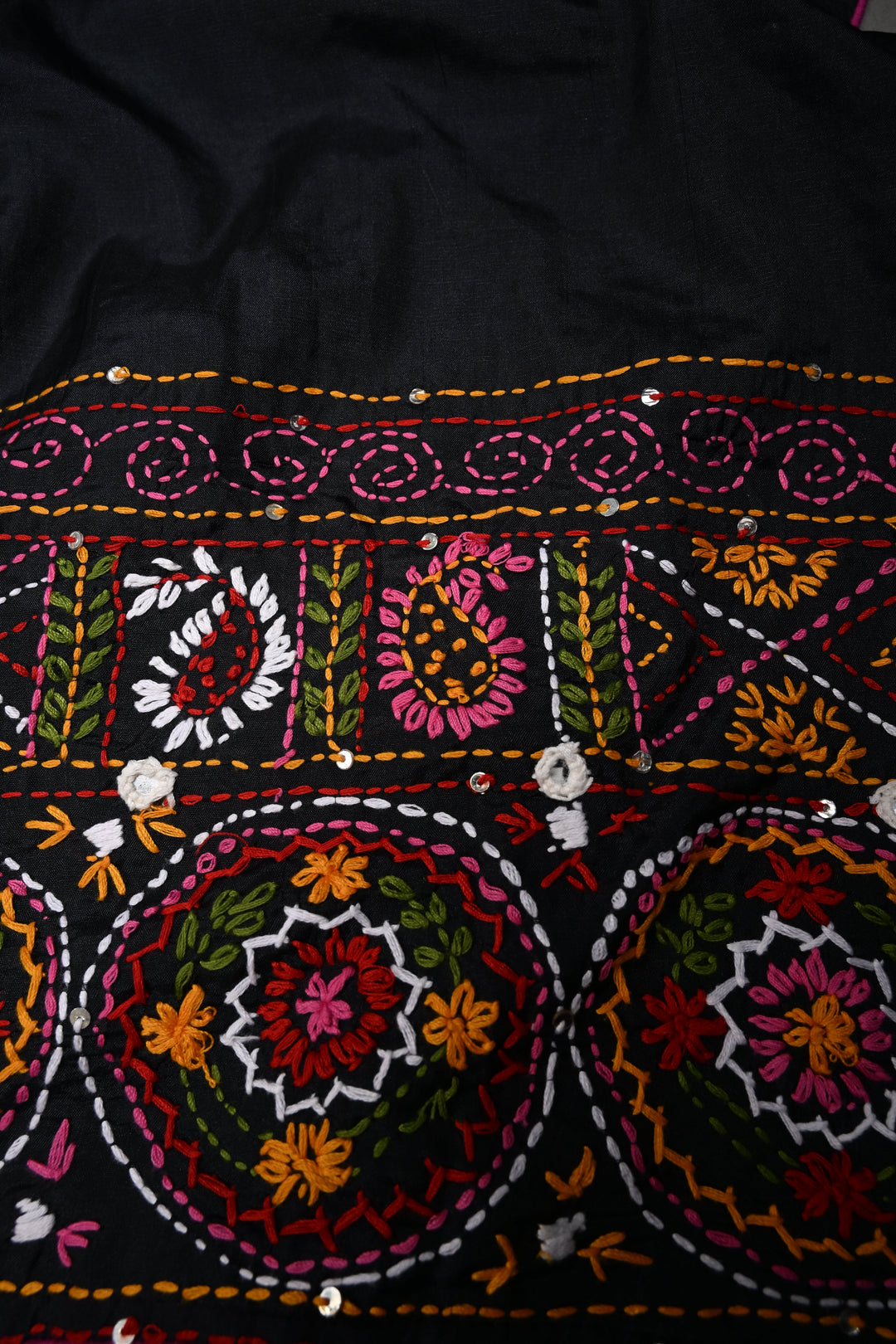 Black Art Silk Saree with Kantha Hand Embroidery Design and Disk Mirror Embellishments | SILK MARK CERTIFIED | SHOBITAM