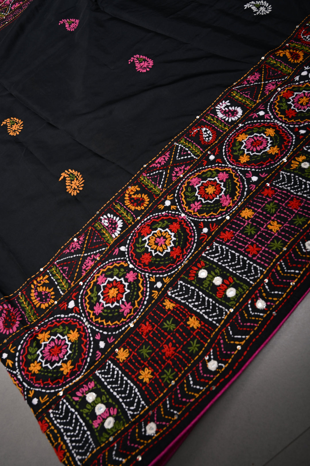Black Art Silk Saree with Kantha Hand Embroidery Design and Disk Mirror Embellishments | SILK MARK CERTIFIED | SHOBITAM