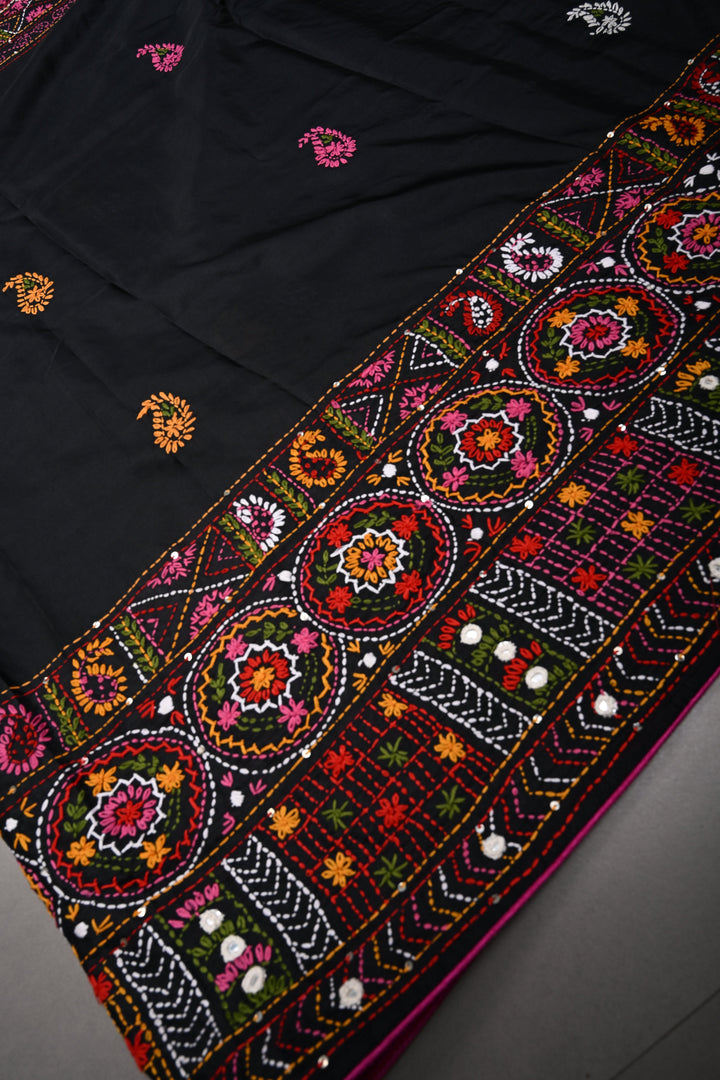 Black Art Silk Saree with Kantha Hand Embroidery Design and Disk Mirror Embellishments | SILK MARK CERTIFIED | SHOBITAM