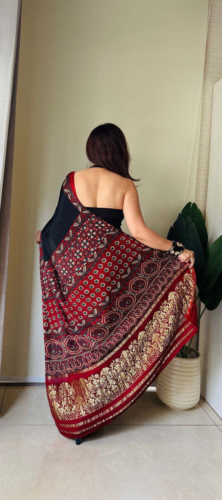 Black Modal Silk Saree with Ajrakh Hand Block Print on Wide Border and Crushed Pallu