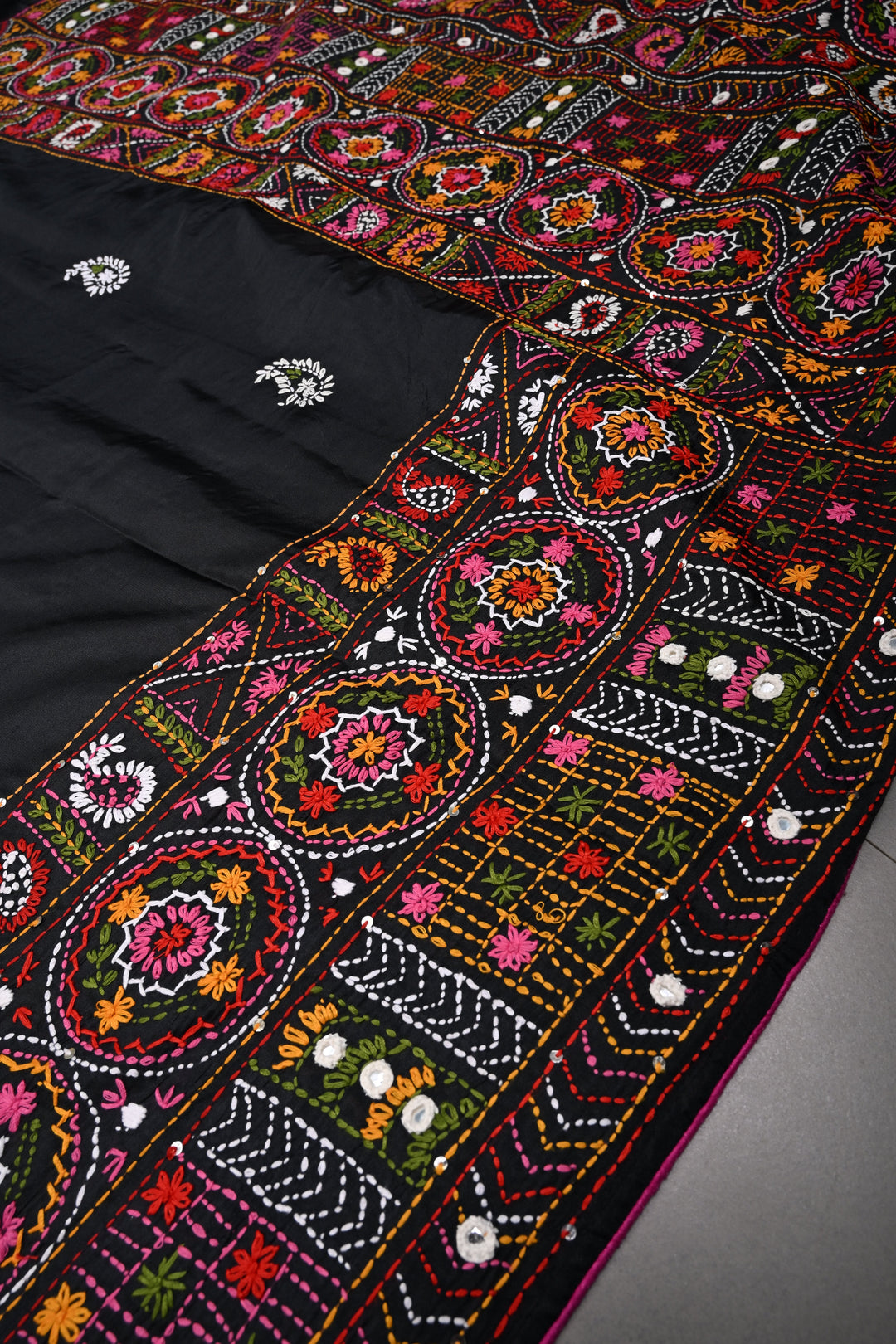 Black Art Silk Saree with Kantha Hand Embroidery Design and Disk Mirror Embellishments | SILK MARK CERTIFIED | SHOBITAM