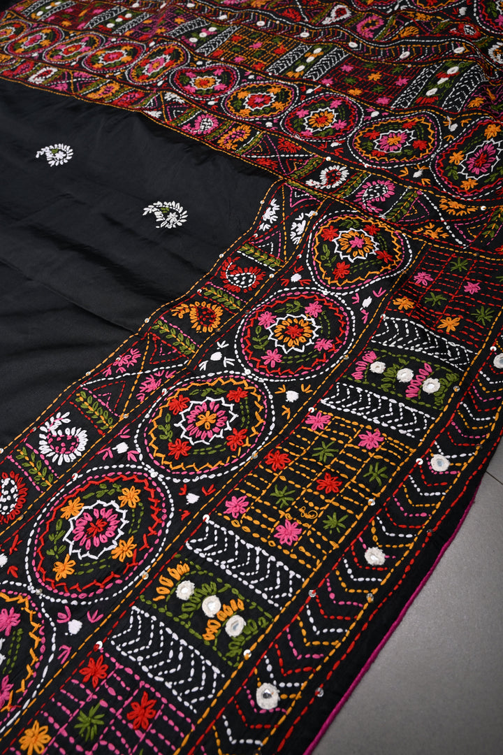 Black Art Silk Saree with Kantha Hand Embroidery Design and Disk Mirror Embellishments | SILK MARK CERTIFIED | SHOBITAM