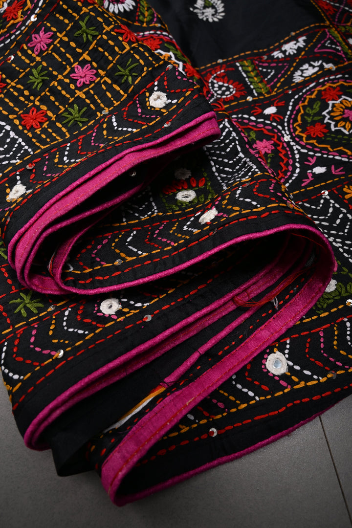Black Art Silk Saree with Kantha Hand Embroidery Design and Disk Mirror Embellishments | SILK MARK CERTIFIED | SHOBITAM
