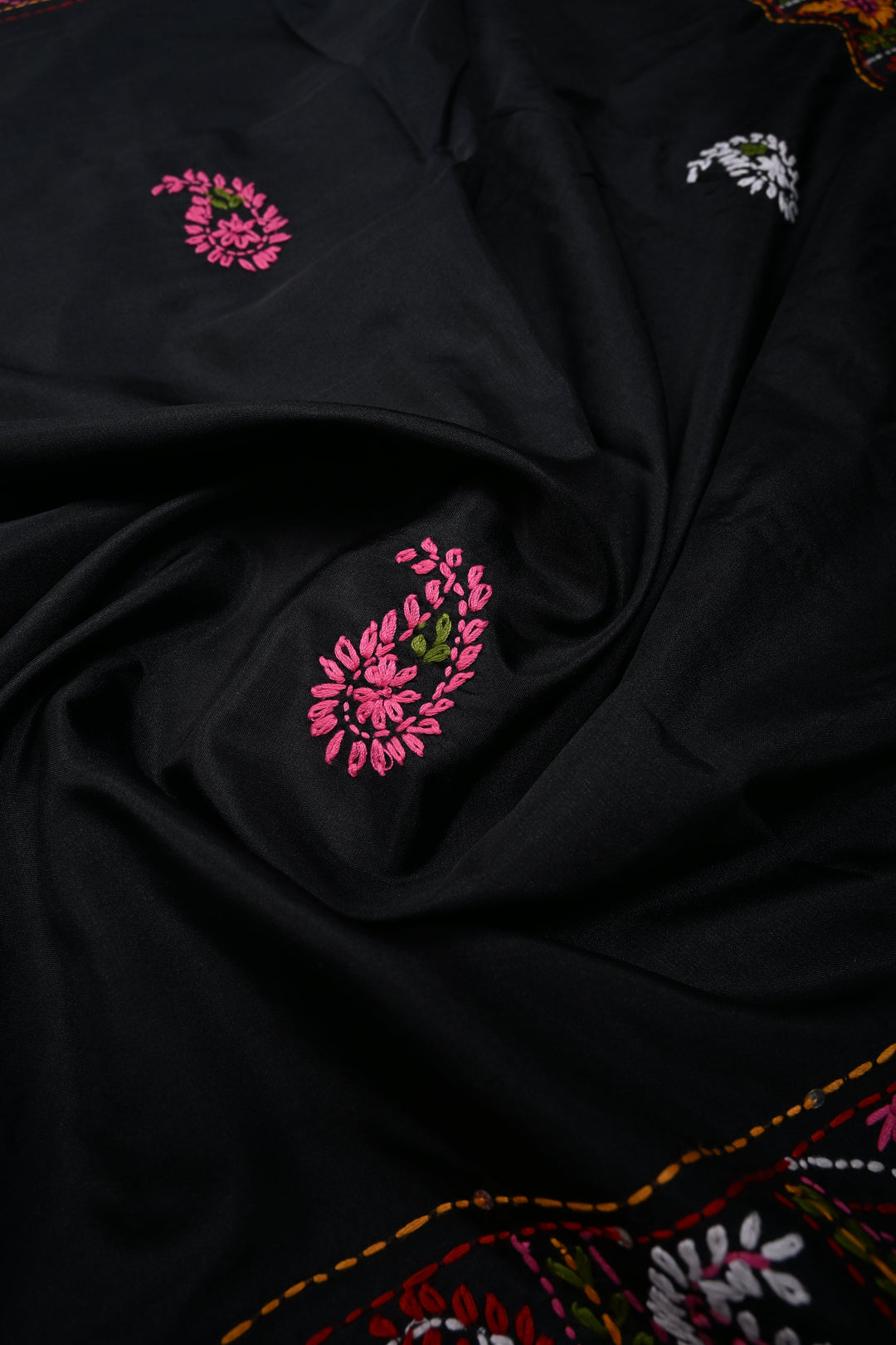 Black Art Silk Saree with Kantha Hand Embroidery Design and Disk Mirror Embellishments | SILK MARK CERTIFIED | SHOBITAM