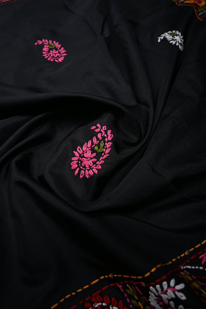 Black Art Silk Saree with Kantha Hand Embroidery Design and Disk Mirror Embellishments | SILK MARK CERTIFIED | SHOBITAM