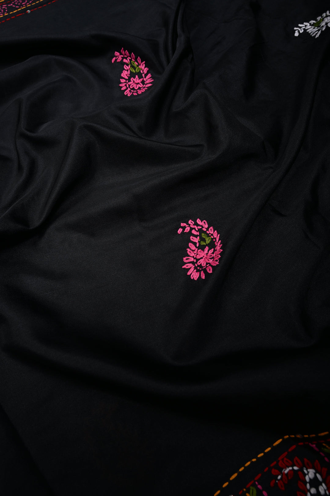 Black Art Silk Saree with Kantha Hand Embroidery Design and Disk Mirror Embellishments | SILK MARK CERTIFIED | SHOBITAM