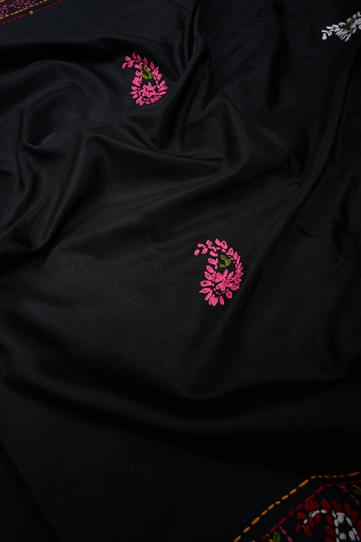 Black Art Silk Saree with Kantha Hand Embroidery Design and Disk Mirror Embellishments | SILK MARK CERTIFIED | SHOBITAM