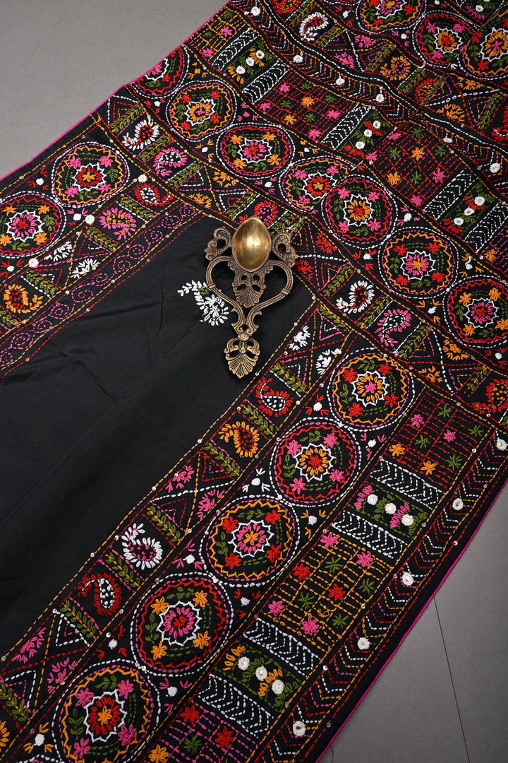 Black Art Silk Saree with Kantha Hand Embroidery Design and Disk Mirror Embellishments | SILK MARK CERTIFIED | SHOBITAM