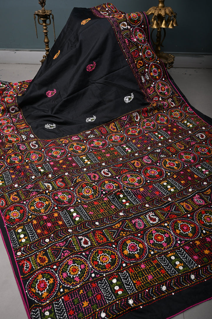 Black Art Silk Saree with Kantha Hand Embroidery Design and Disk Mirror Embellishments | SILK MARK CERTIFIED | SHOBITAM