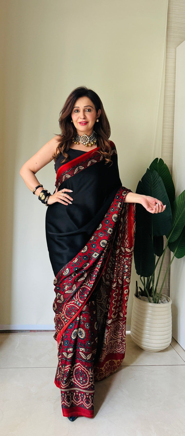 Black Modal Silk Saree with Ajrakh Hand Block Print on Wide Border and Crushed Pallu
