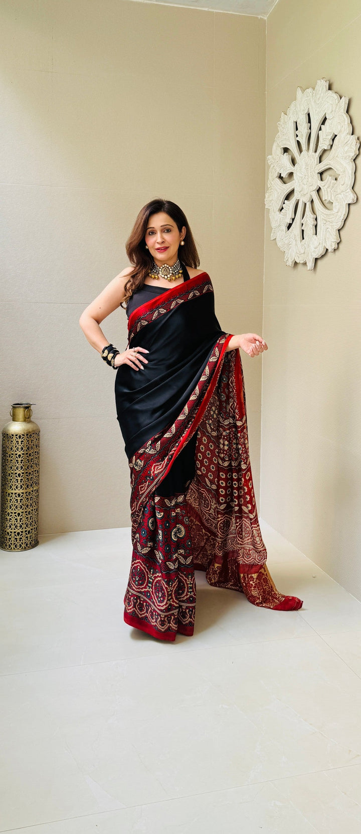 Black Modal Silk Saree with Ajrakh Hand Block Print on Wide Border and Crushed Pallu