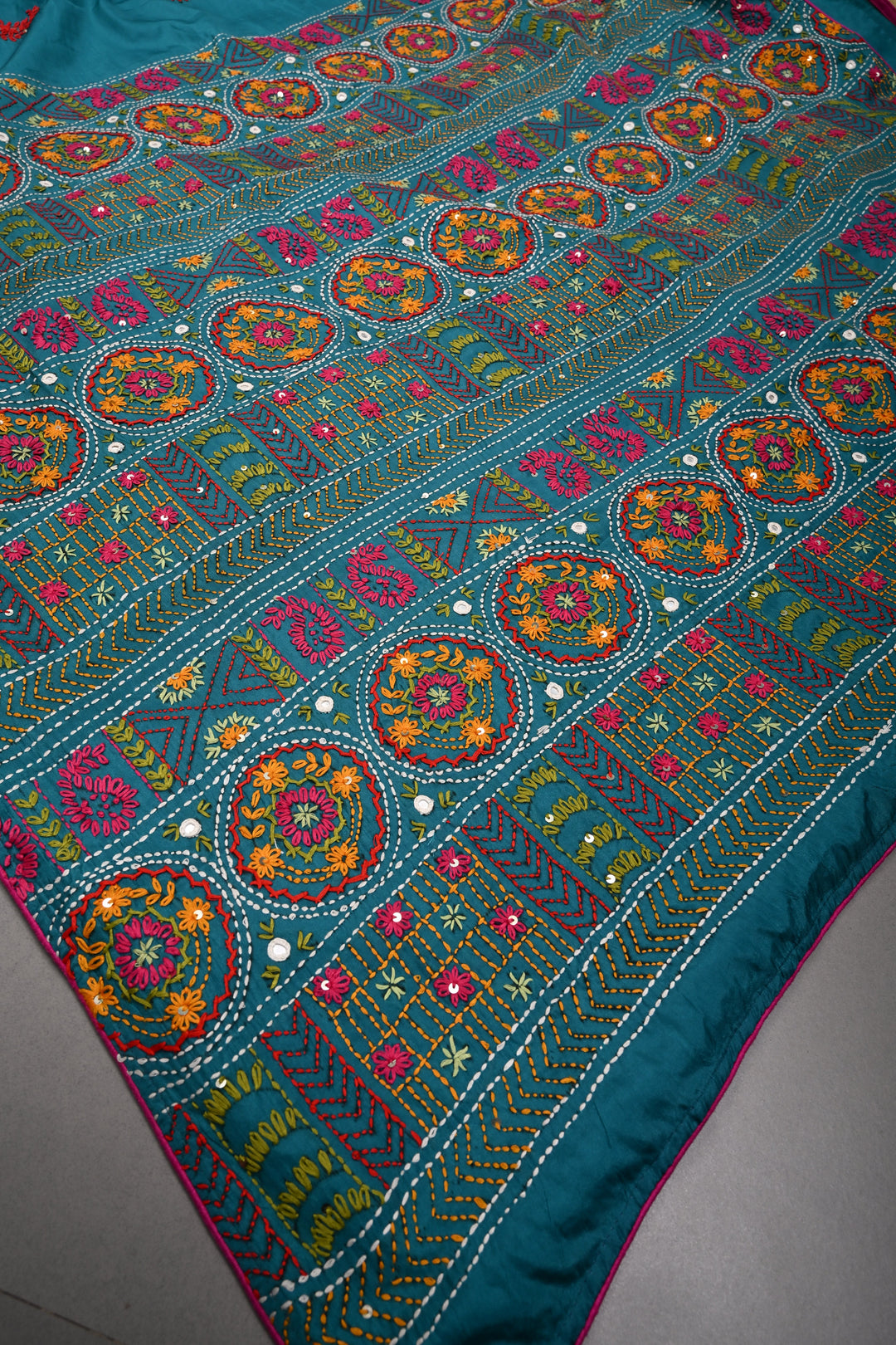 Teal Green Art Silk Saree with Kantha Hand Embroidery Design and Disk Mirror Embellishments | SILK MARK CERTIFIED | SHOBITAM