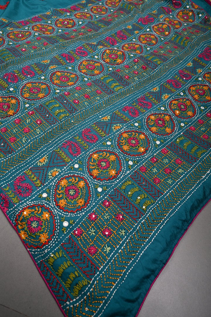 Teal Green Art Silk Saree with Kantha Hand Embroidery Design and Disk Mirror Embellishments | SILK MARK CERTIFIED | SHOBITAM