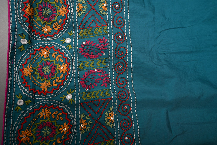 Teal Green Art Silk Saree with Kantha Hand Embroidery Design and Disk Mirror Embellishments | SILK MARK CERTIFIED | SHOBITAM